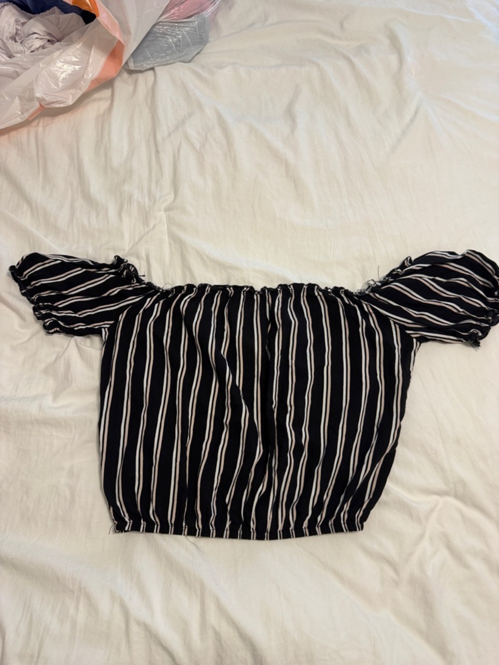 Francesca's Collections Black and White Striped Off-Shoulder Crop Top